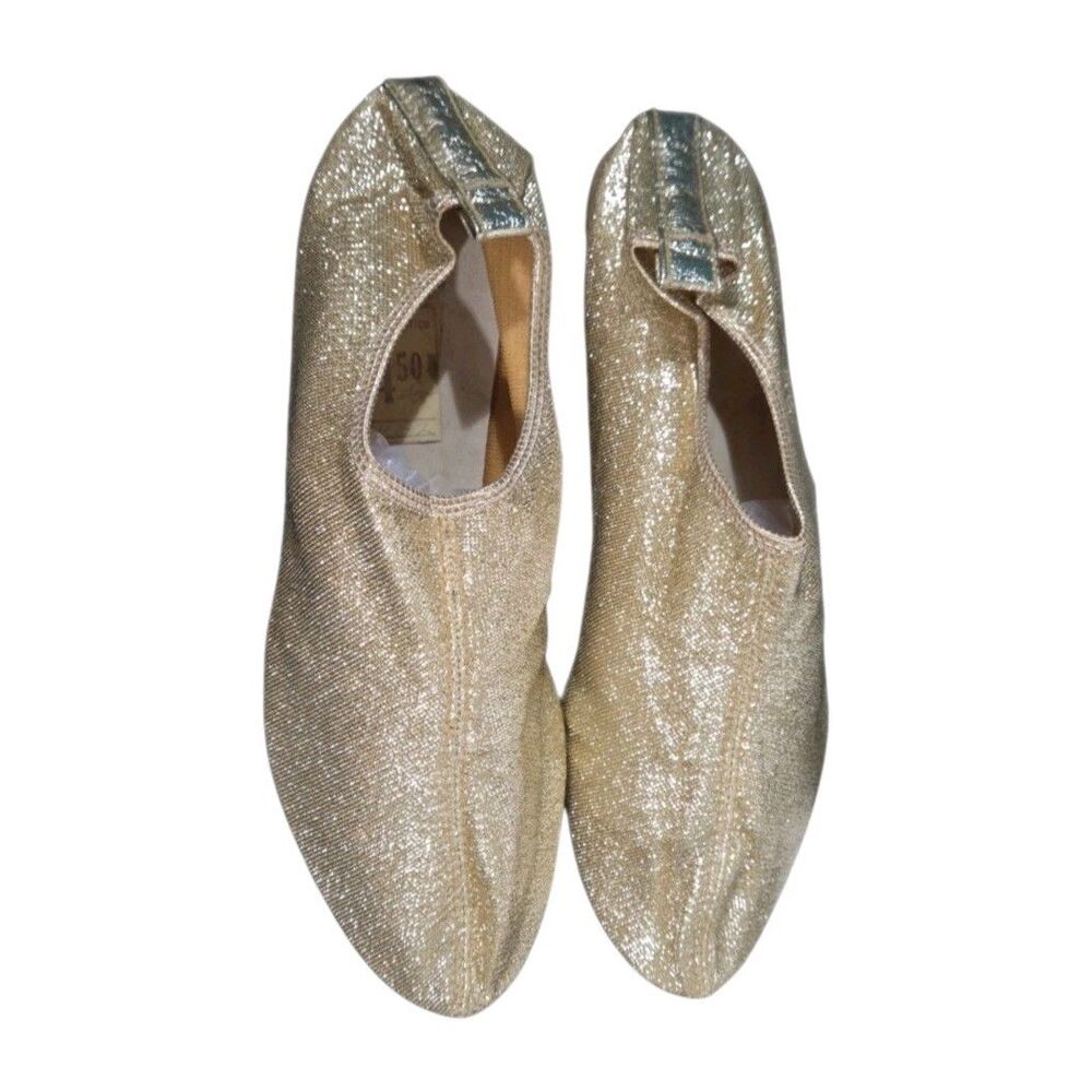Vintage 1960s Gold Lurex Pixie Slippers - NOS-Genie Flats Slip-Ons with Orig Tag